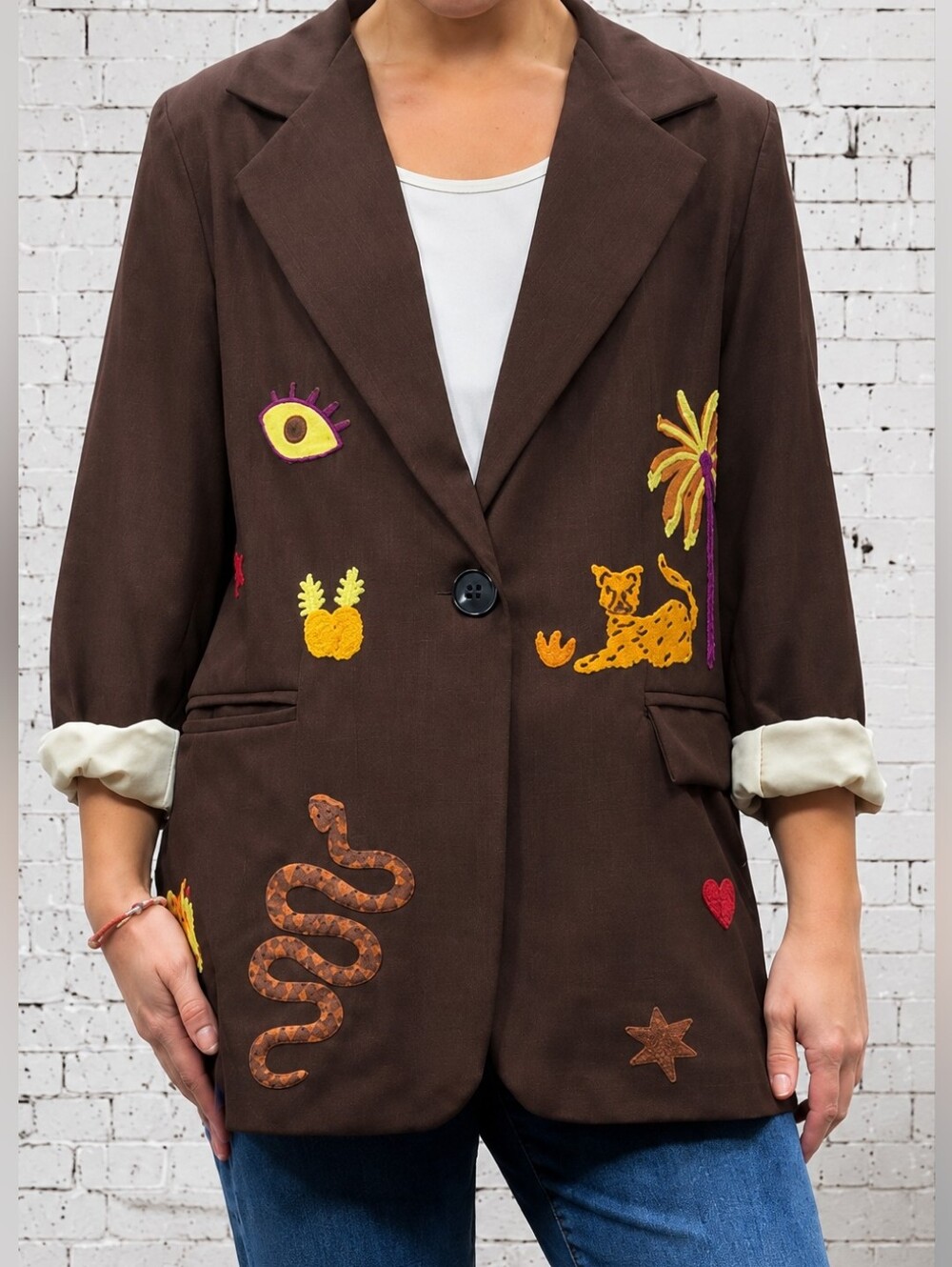 Zeta Otto Embellished Leopard Cheetah Snake Jacket - Chocolate Brown